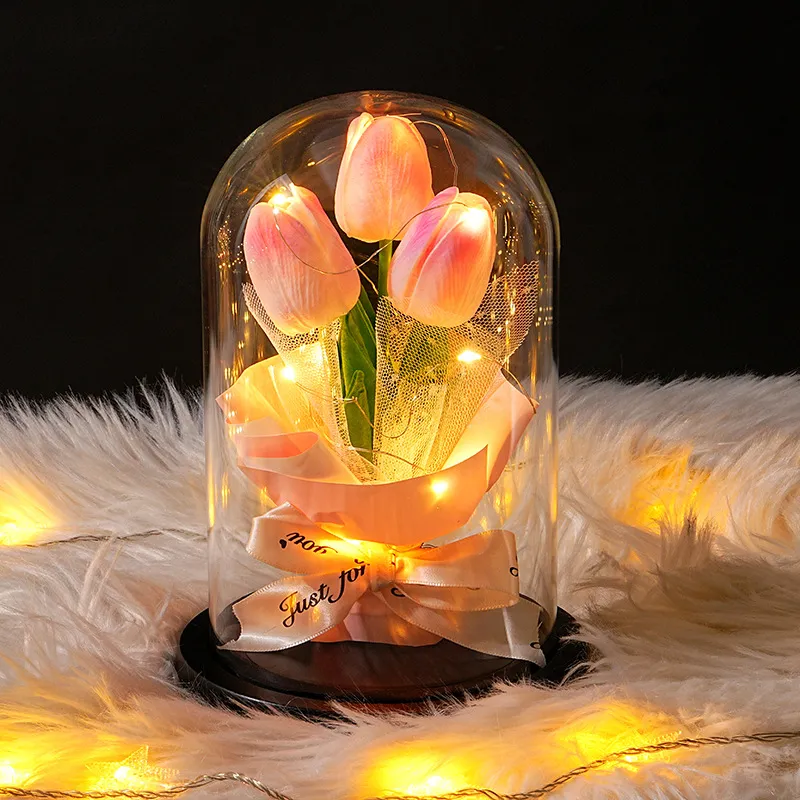 Lámpara LED Romántica de Tulipán en Cúpula de Vidrio Adorno Con Base de Madera Flor Artificial Luminosa Regalo para Cumpleaños Día de San Valentín