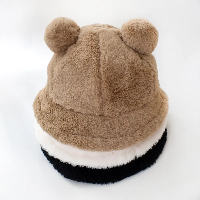 Women Thickened Plush Bucket Hat Cute Bear Ears Winter Warm Faux Fur Fisherman Hat Leopard Print Solid Color Soft Basin Hat