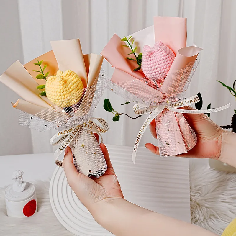 Handmade Knitted Tulip Bouquet Mini Crochet Yarn Flower Bouquet For Teachers Day Mothers Day Wedding Birthday Home Table Decoration Gift