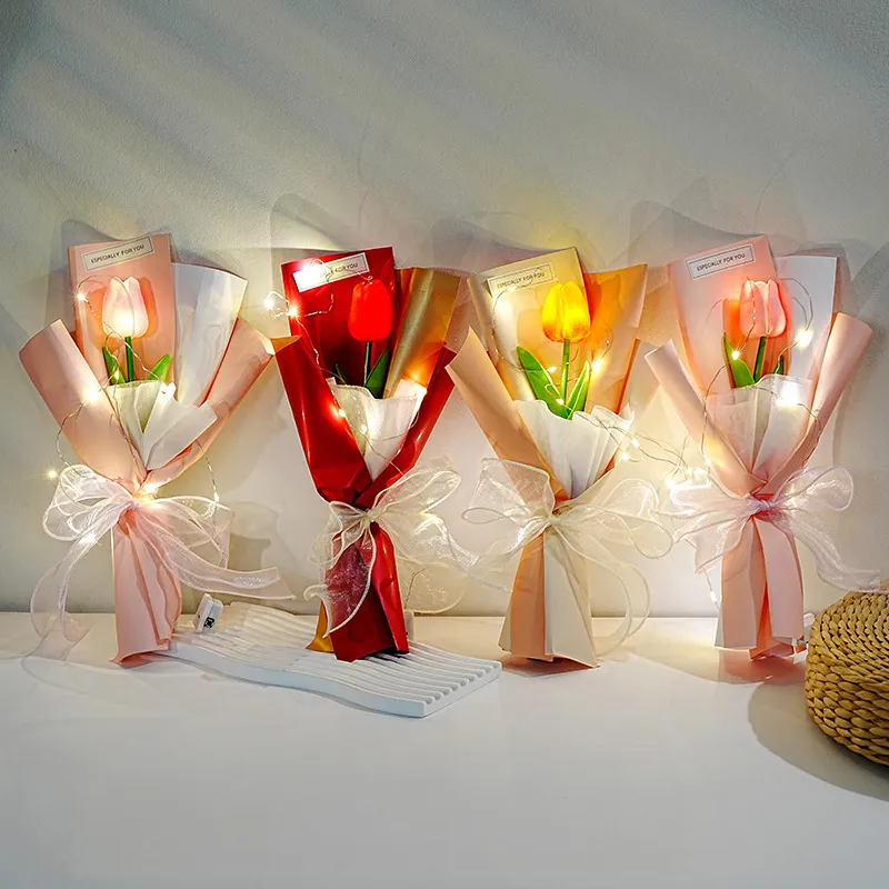 Romantisch PU Kunstmatige Tulp Bloemenboeket Met LED Lichtsnoer Geschenkverpakking Met Venster Elegante Nep Bloem Cadeau Voor Valentijnsdag Moederdag Verjaardag