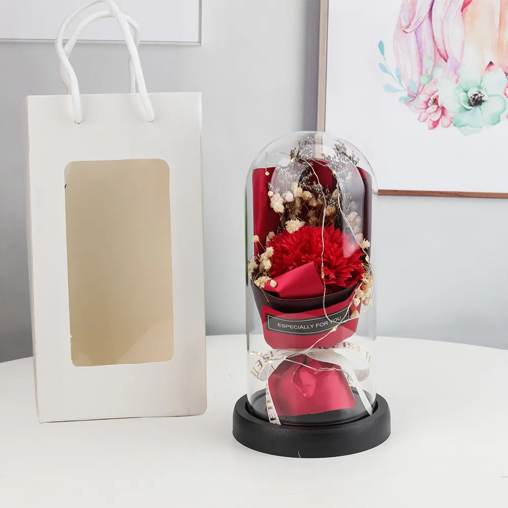 Romantic Romantic Preserved Soap Flowers Glass Dome Led String Lights Acrylic Box For Birthday Valentines Day Mother Anniversary Gifts Room Ornament Decor