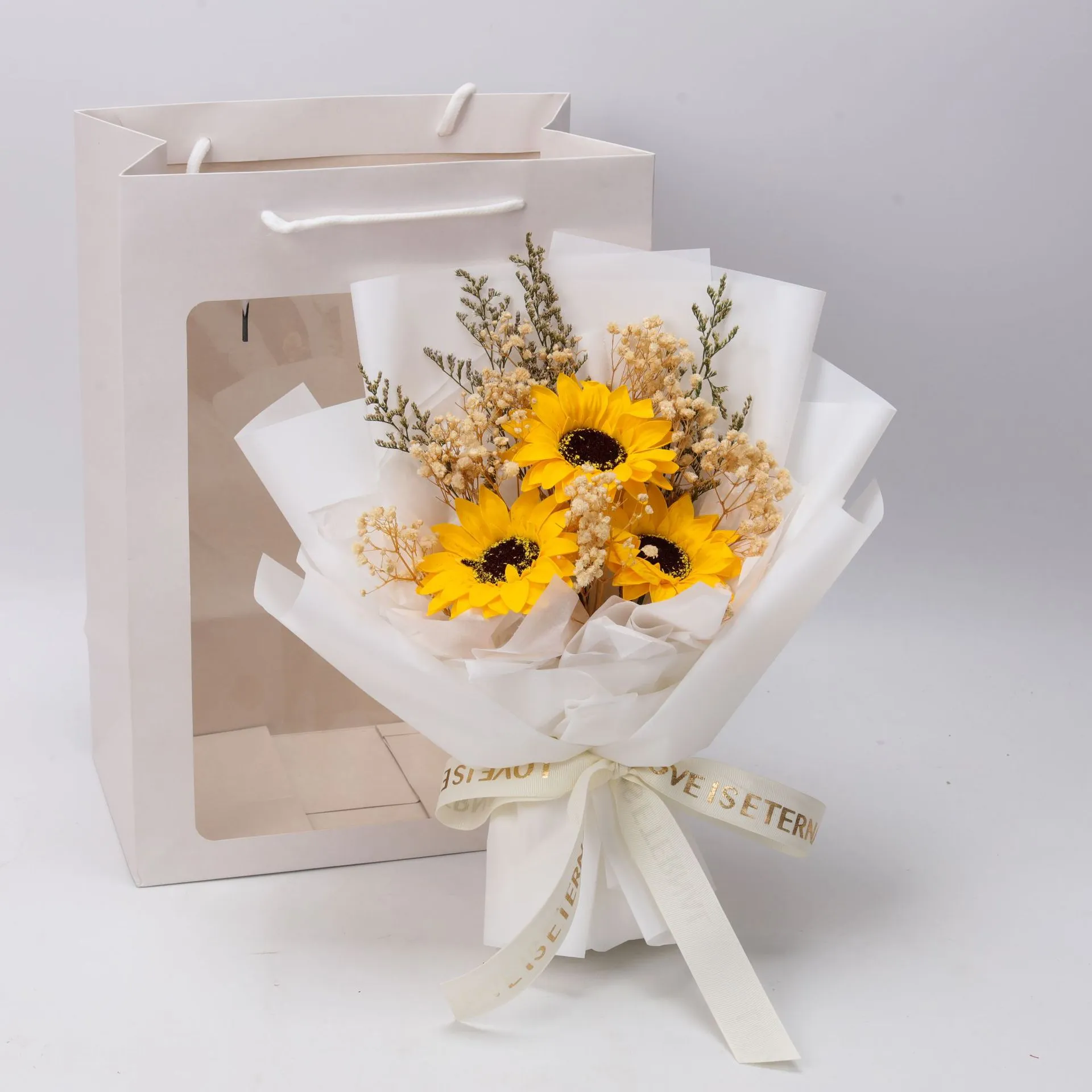 Künstlicher Sonnenblumen Strauß Geschenkbox Handgemachte Plastik Blumenstrauß Mit Klarsichtfenster Tragetasche Geschenkbeutel Und Segen Karte Home Party Deko