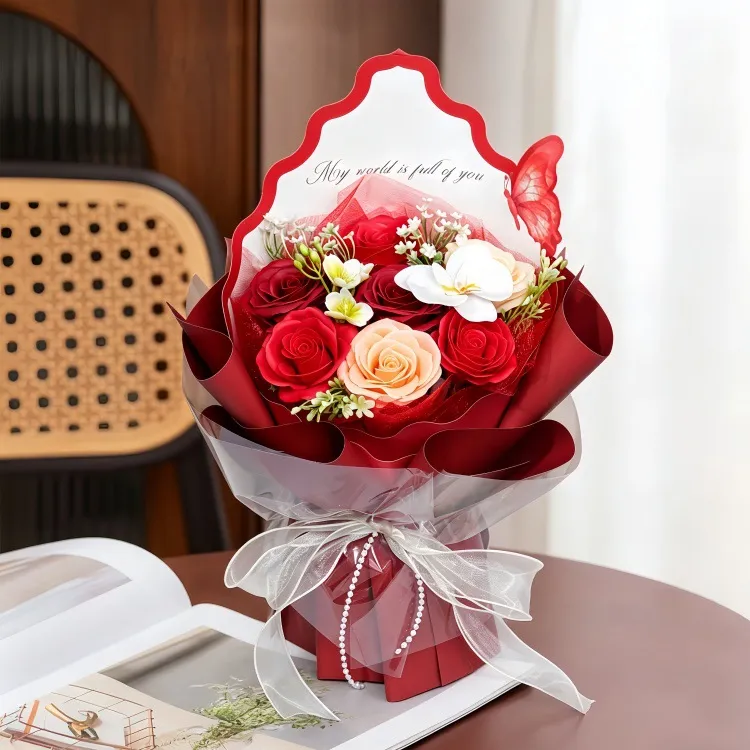 Romantisch Zeep Bloem Gepreserveerde Roos Phalaenopsis Boeket Met Vlinder Decoratie Gaas Verpakking Cadeautas Voor Valentijnsdag Moederdag