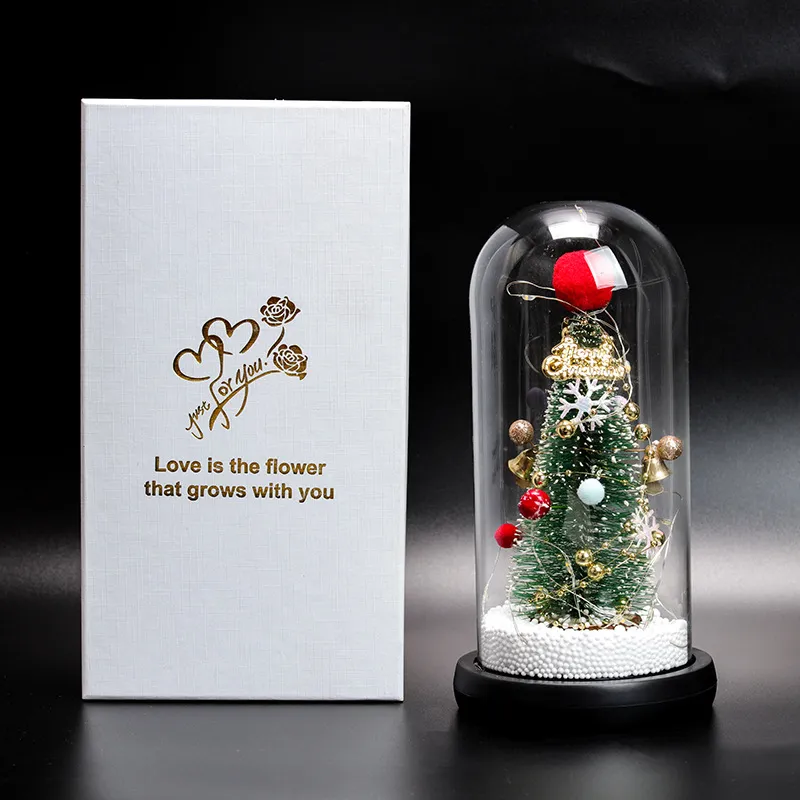 Navidad Vidrio Árbol Mesa Adorno Con Luz LED Base Madera Caja Regalo