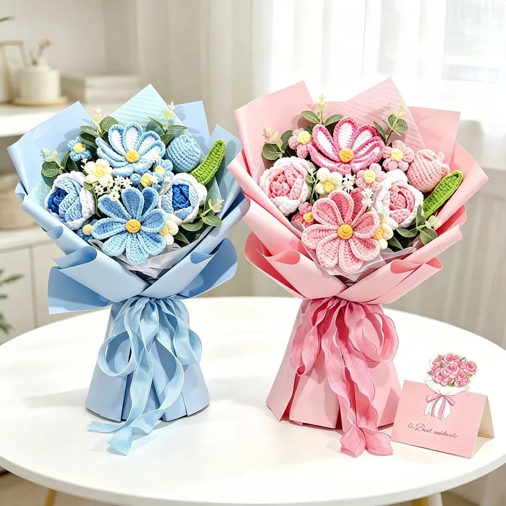 Handmade Crochet Yarn Flower Bouquet Finished Rose Sunflower Galsang Flower Romantic Gift For Valentine Mother Day Teacher Home Decor