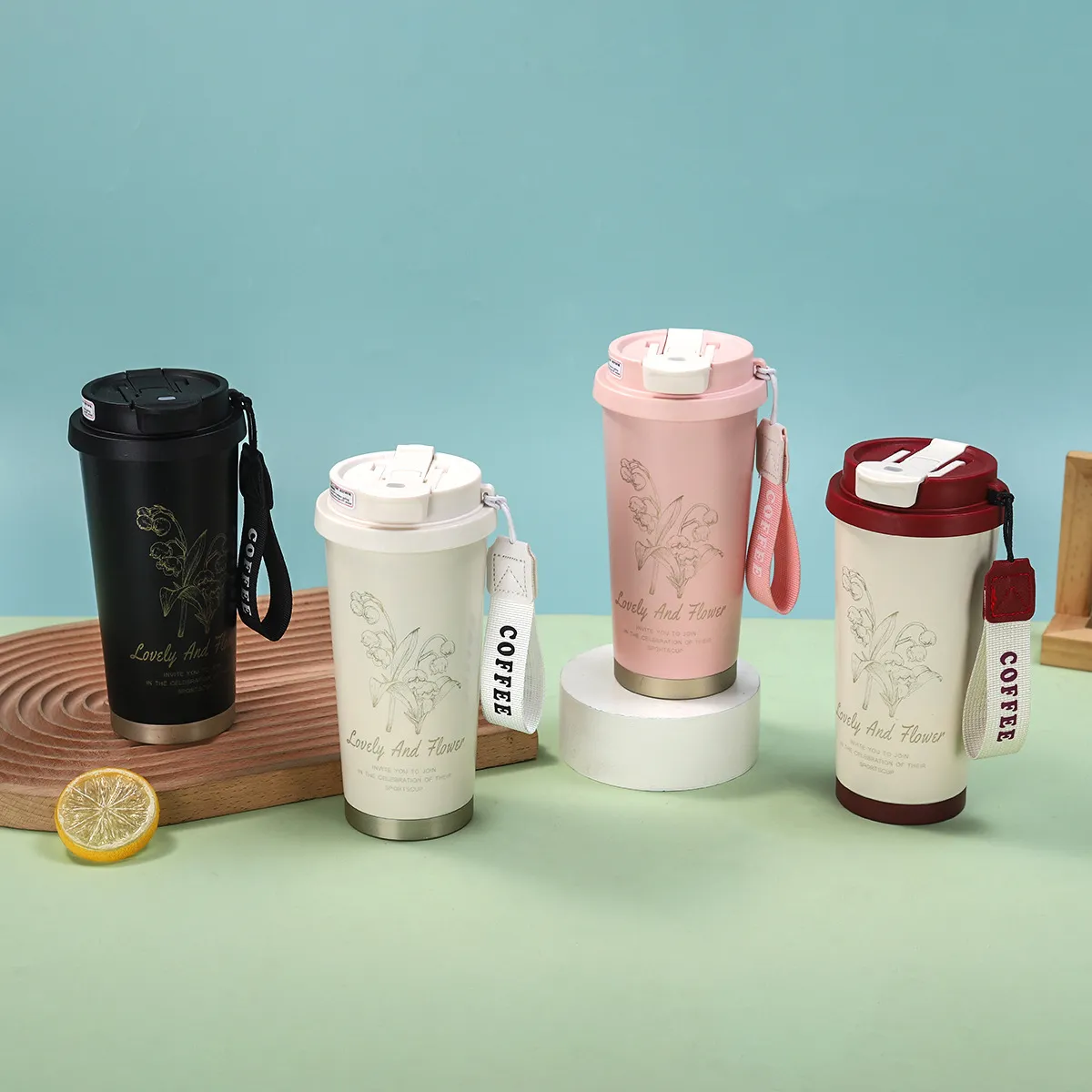 Tasse Thermos Isolé sous Vide en Acier Inoxydable 316 Cordon Portable Bouteille d'Eau à Paille Muguet Tasse à Café