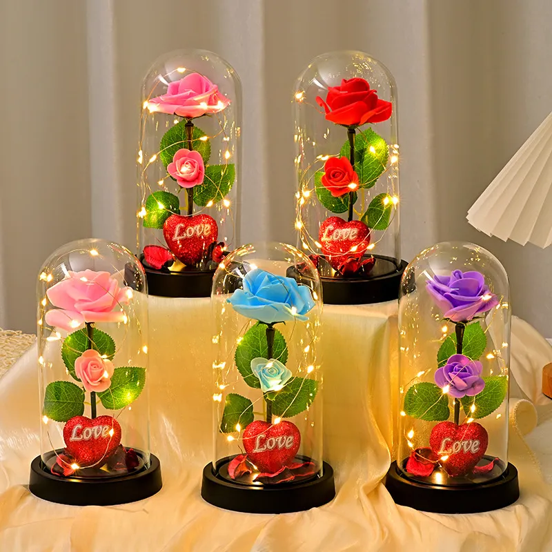 Rosa Artificial Flor Preservada LED Cubierta de Vidrio Adorno Regalo de San Valentín Decoración Romántica del Hogar Luz de Noche de Mesa