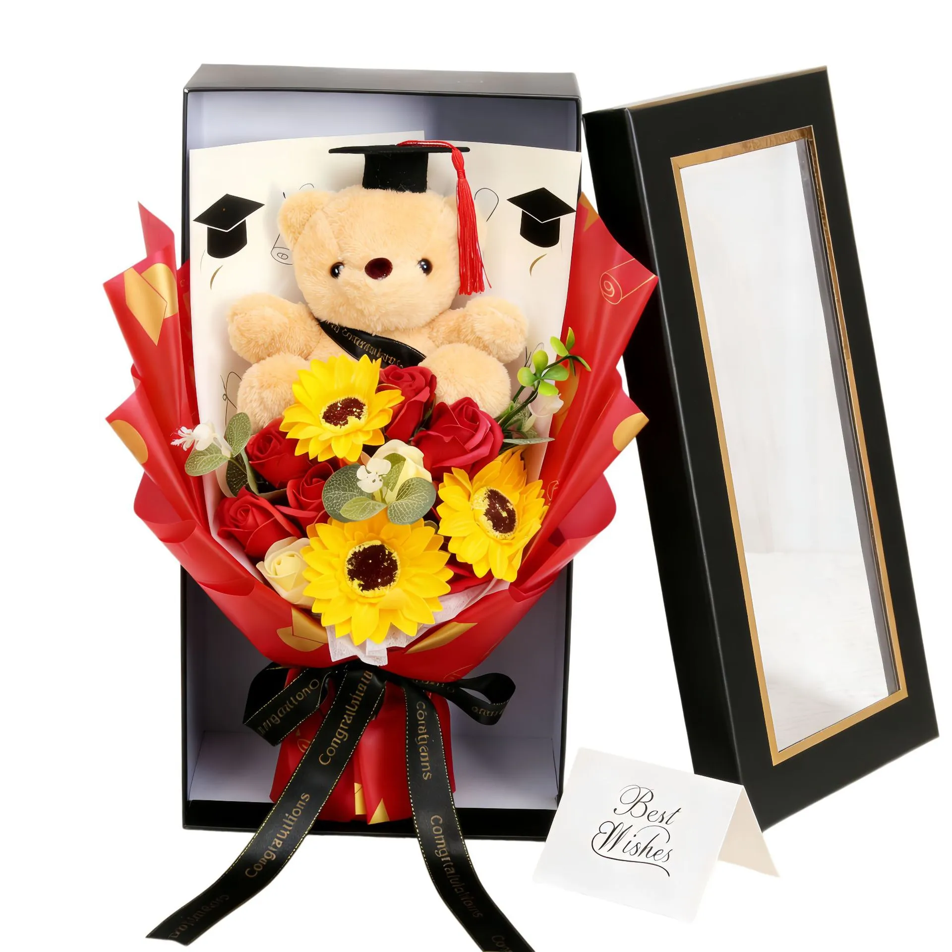 Graduation Cartoon Doctor Bear Soap Flower Bouquet Gift Box Sunflower Artificial Hand Tied Flower Gift For Celebration