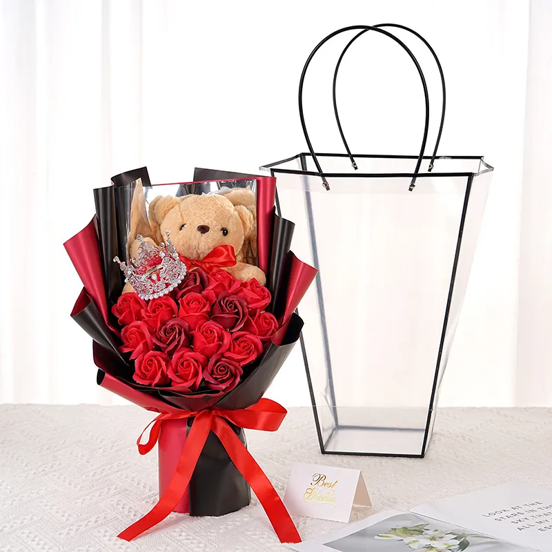 Eternal Soap Flower Rose Bouquet With Crown Teddy Bear And Gift Bag Valentine's Day Gift For Women Girlfriend