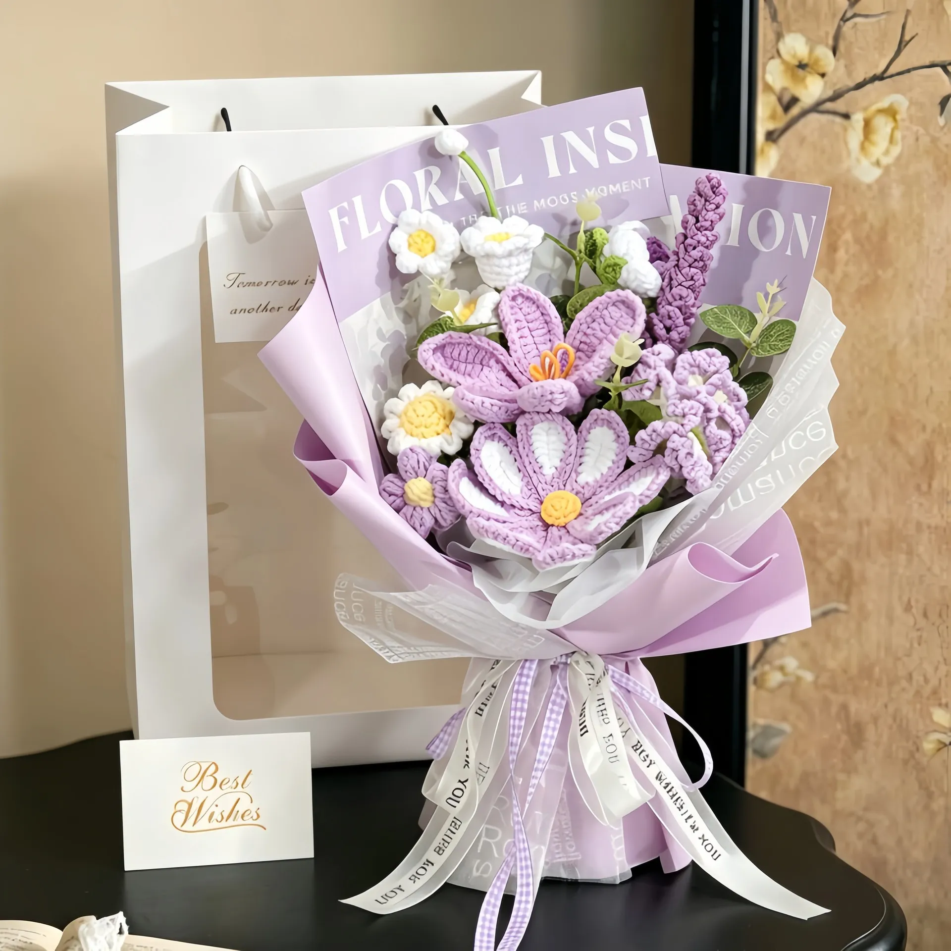 Hand Knitted Yarn Flower Bouquet Crochet Rose Tulip Cosmos Handmade Floral Gift With Wrapping Bag And Greeting Card For Mother Day Birthday Wedding Valentine Celebration