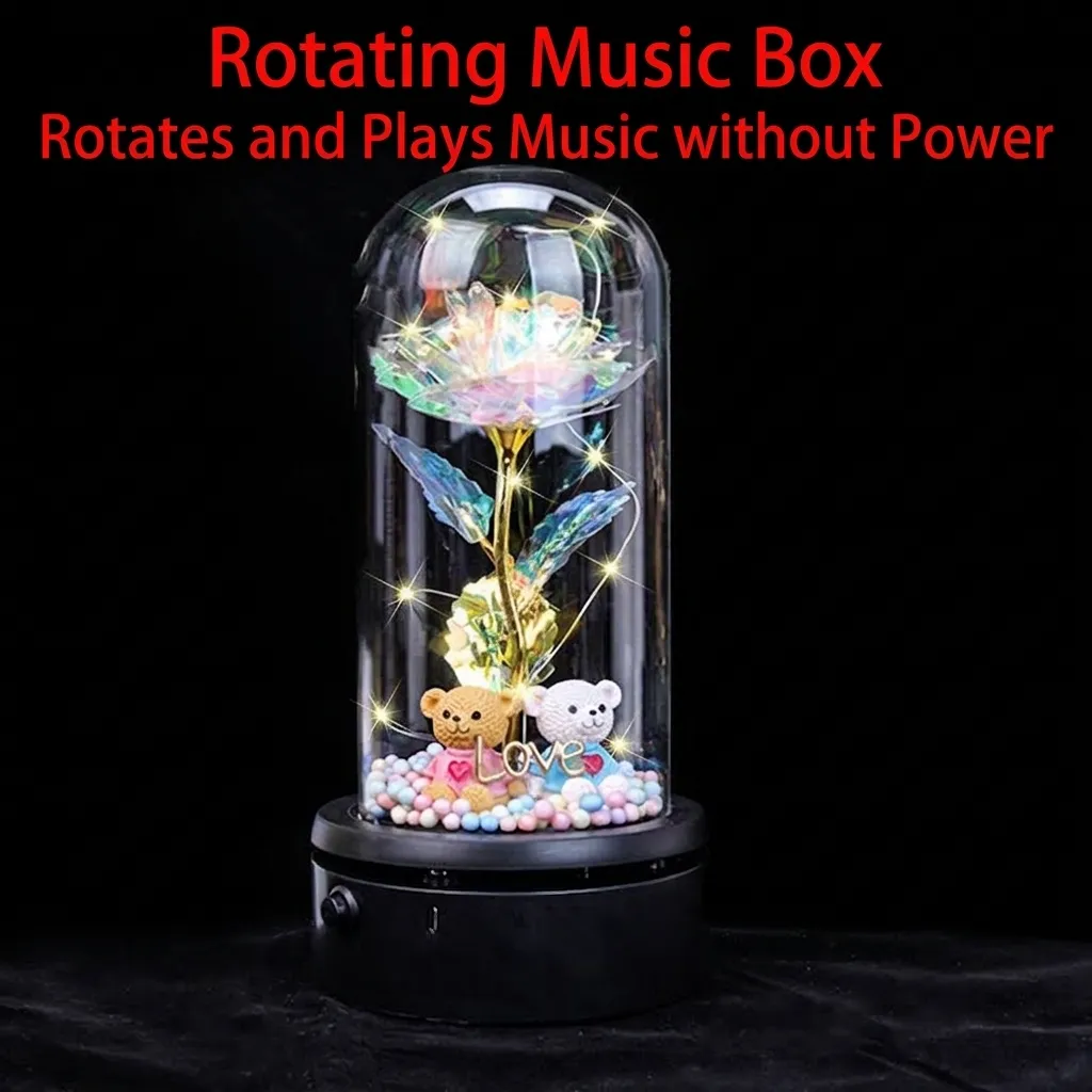 Eternal Rose Flower Glass Dome Rotating Music Box With LED Light USB Remote Colorful Gold Foil Rose Gift For Valentine Women