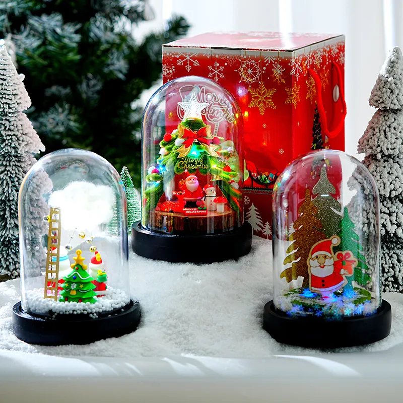 Boîte à Musique Tournante de Noël Couvercle en Verre Arbre de Noël en Bâton Tordu Lumineux Petit Ornement de Cerf Veilleuse LED