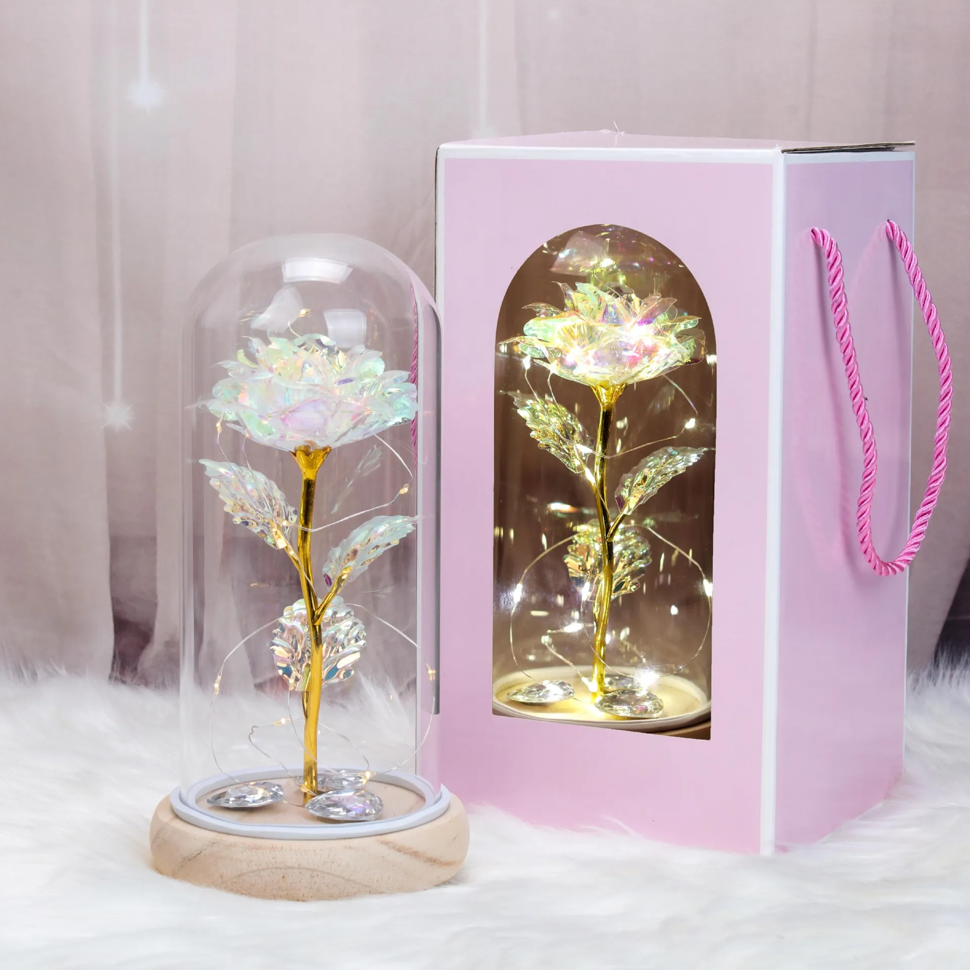 Cubierta de Vidrio Rosa Luminosa Flor Artificial Con Guirnalda De Luces LED Base de Madera Caja de Regalo Para Decoración del Hogar