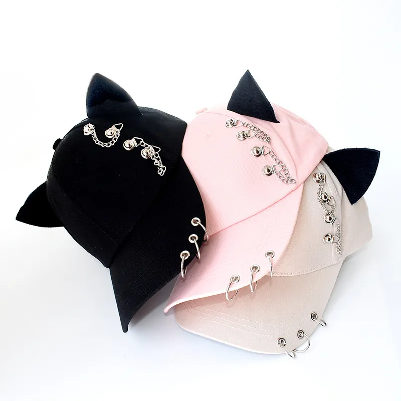 Casquette de Baseball Hip Hop en Coton Avec Oreilles de Chat Chaîne à Anneaux en Métal Casquette de Plein Air Personnalisée pour Femmes Hommes