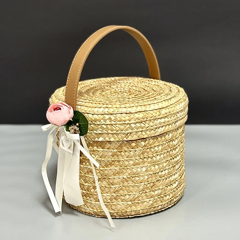 Cesta de Regalo de Paja Tejida a Mano Con Asa de Cuero Estilo Mori Caja de Embalaje Tejida Redonda Para Boda Fiesta Pan Almacenamiento de Regalos