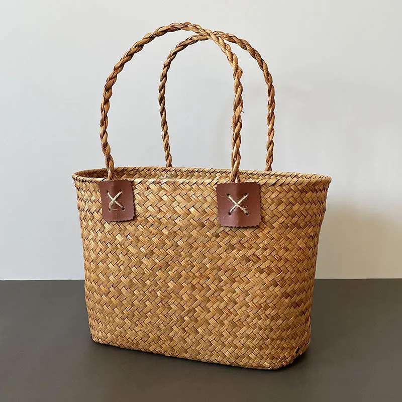 Nordic Handmade Seagrass Woven Storage Basket Natural Straw Flower Basket Gift Packaging Bag Home Organizer With Handles