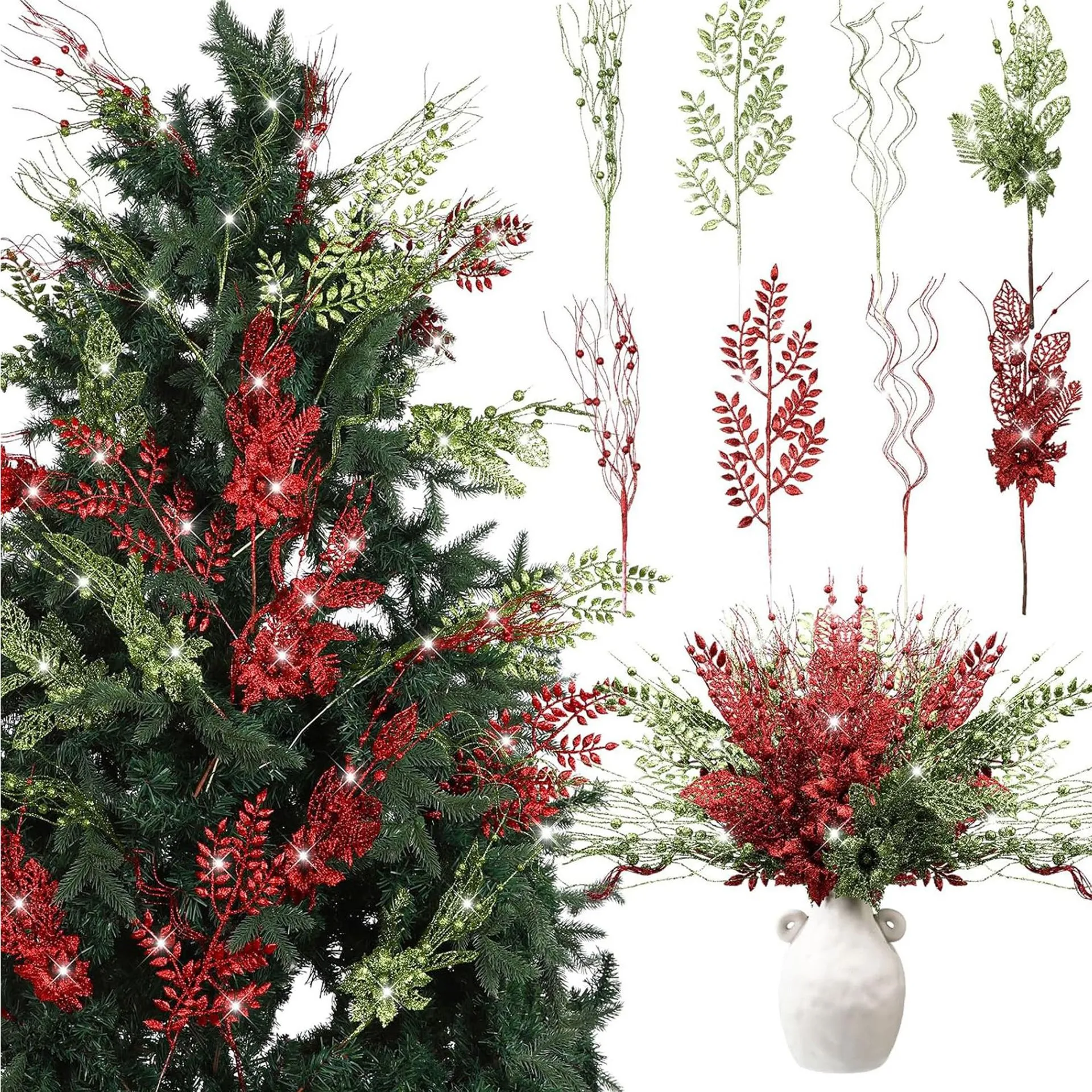 40 Pcs Christmas Glitter Picks Stems Set Berry Branches Sophora Leaves Dragon Beard Christmas Tree Decor For Home Party Festival Decoration
