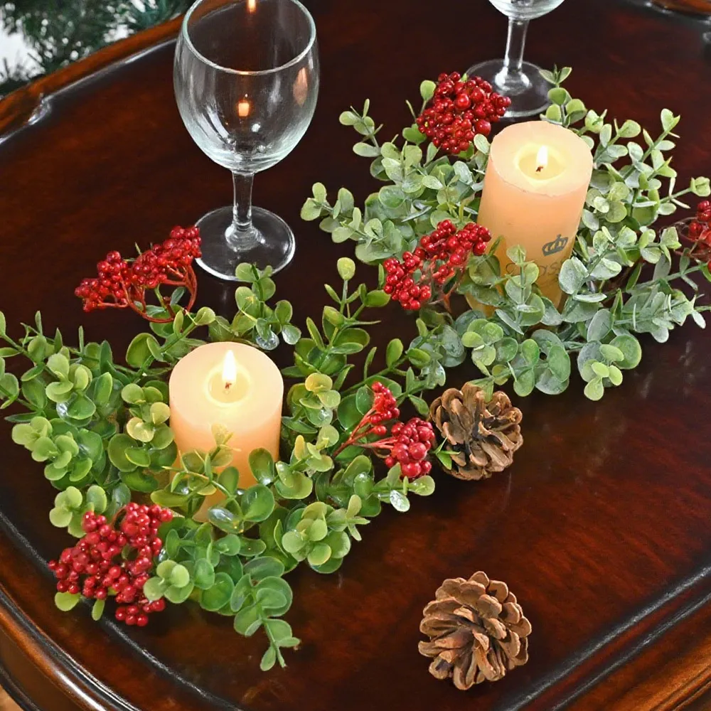Eucalyptus Christmas Wreath Candle Ring Artificial Red Berry Garland For Xmas Table Decor Wedding Party Centerpiece Decoration