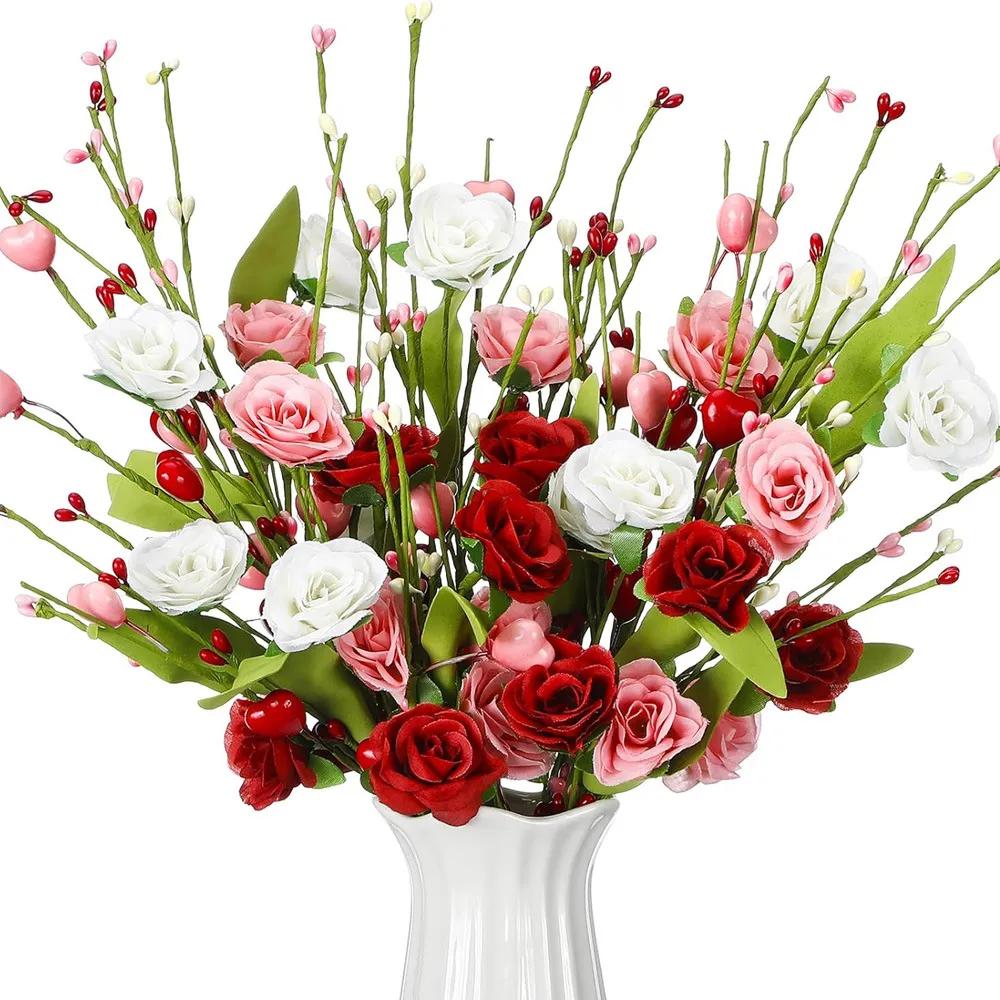 Piques Artificielles en Plastique avec Rose et Coeur de la Saint-Valentin Tige Florale de la Fête des Mères pour Décor de Table Maison Rose Romantique Simulation Fleur