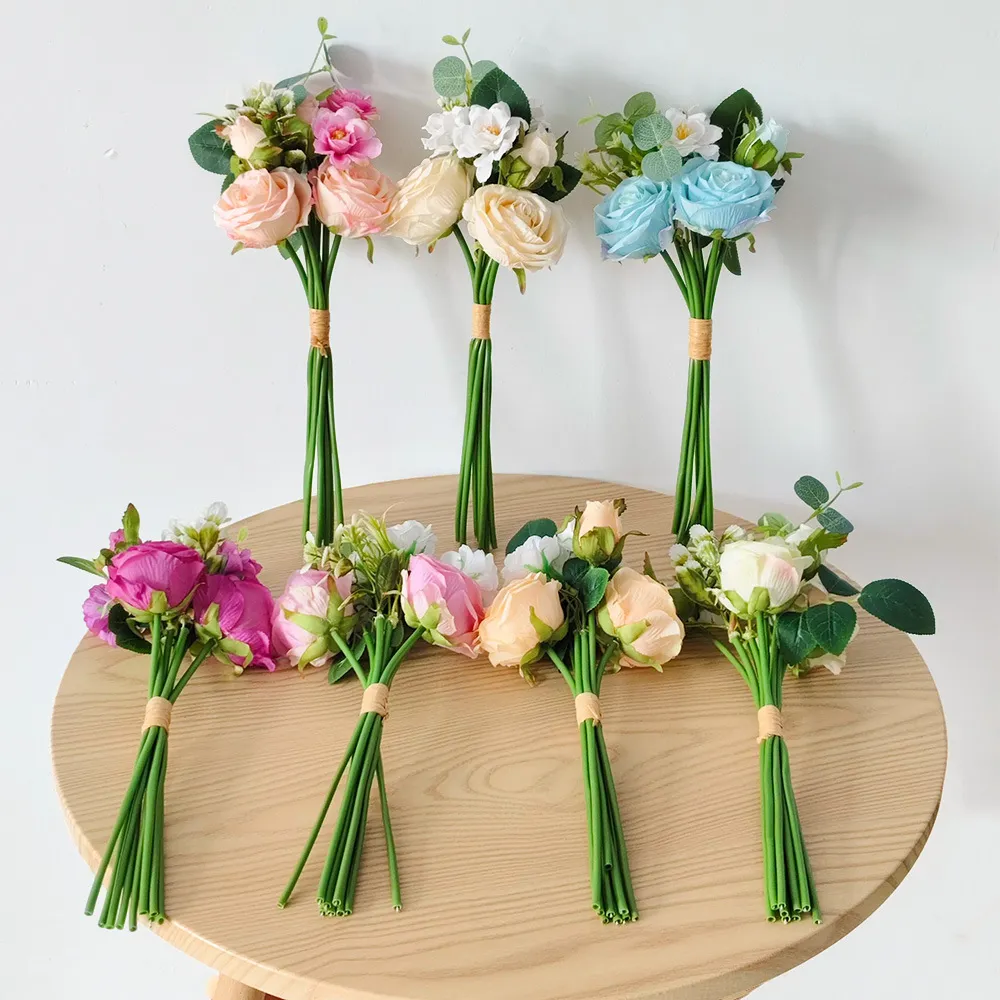 Artificial Rose Camellia Flower Bouquet Silk Hand Tied Faux Rose Arrangement For Living Room Home Table Decor Wedding Bridal Bouquet