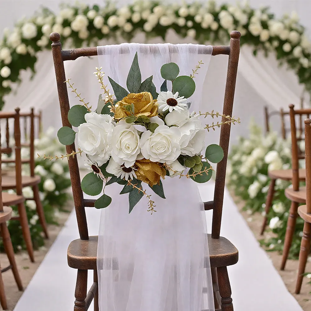 Künstliche Hochzeit Blumenreihe Satin Seide Rose Orchidee Floral Willkommensschild Bogen Dekor Party Stuhl Rücken Blumenarrangement