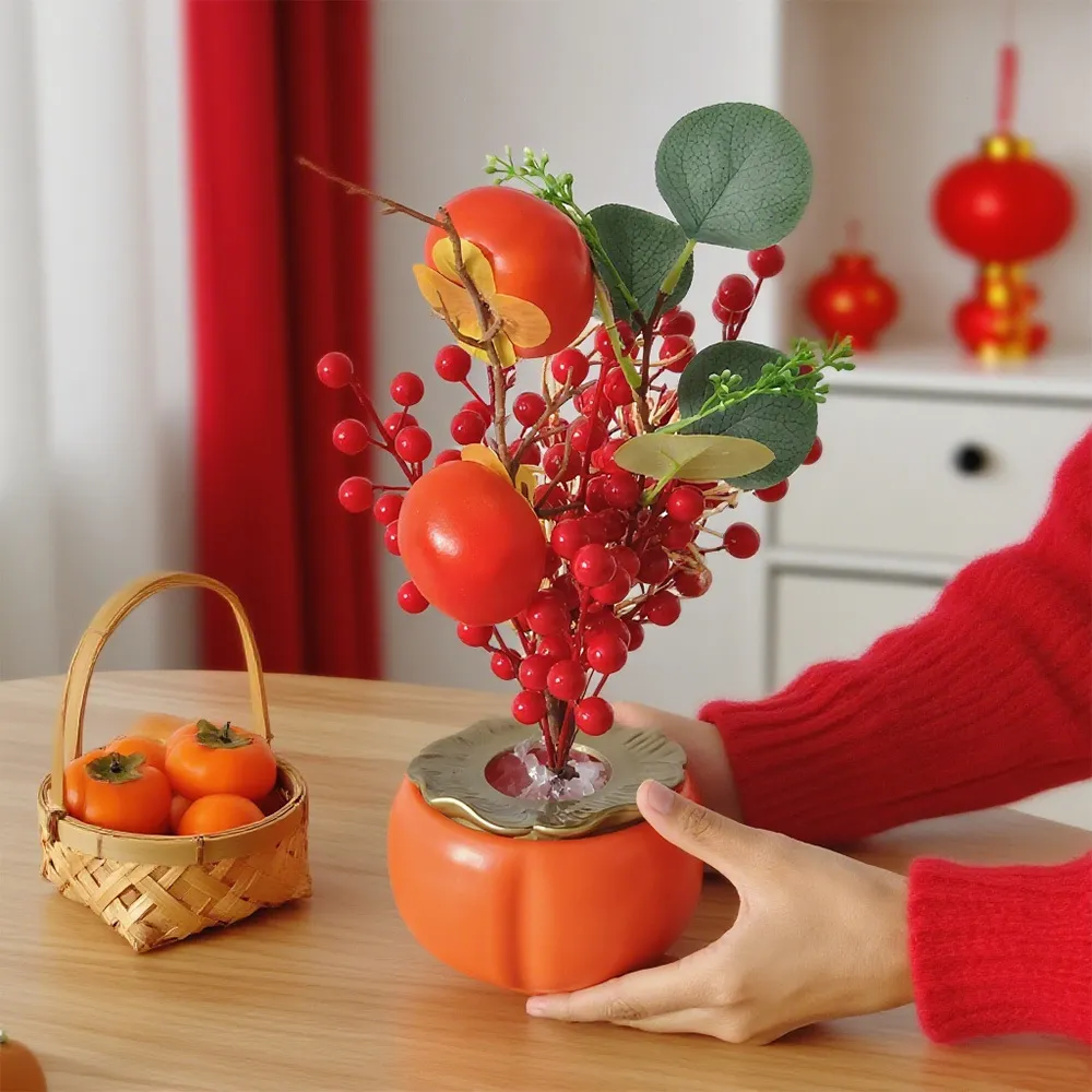 Artificial Red Fortune Fruit Berry Branch Plastic Silk Pomegranate Persimmon Desktop Ornament For Home New Year Decor