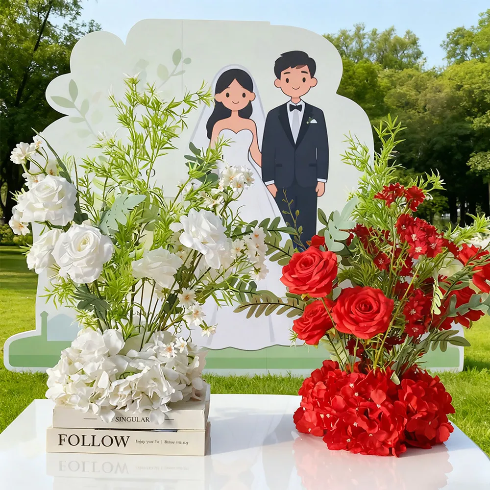 Rangée de Fleurs Artificielles Rose Hortensia pour Mariage Scène T Guide de Route Décor de Sol Satin Plastique Arrangement