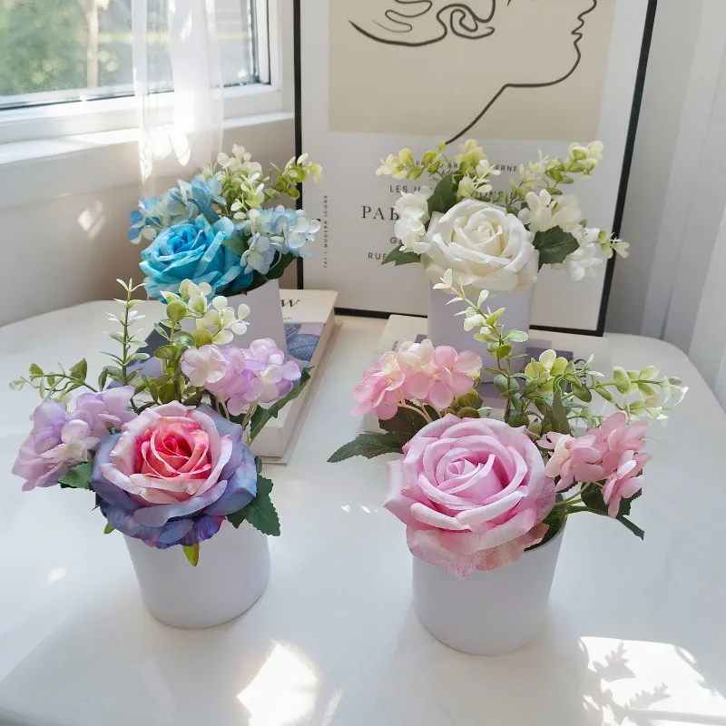 Künstliche Rose Topfpflanze Seidenblume Schreibtisch Dekoration Für Zuhause Wohnzimmer Büro Hochzeit Party Dekoration Topf Bonsai