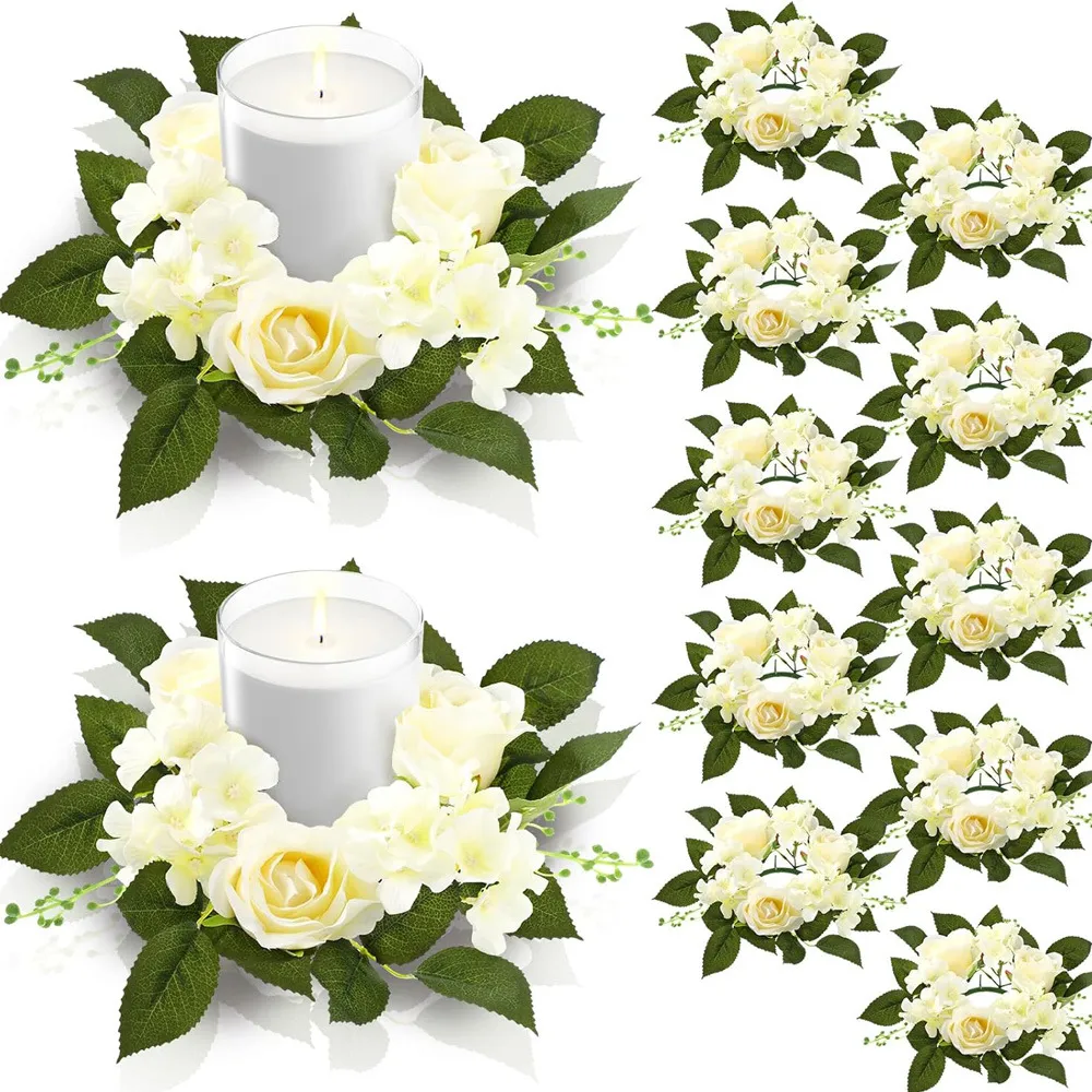 Corona de Anillo de Vela de Rosa y Hortensia de Simulación Europea Guirnalda de Flores Artificiales Para Centro de Mesa Boda Hogar