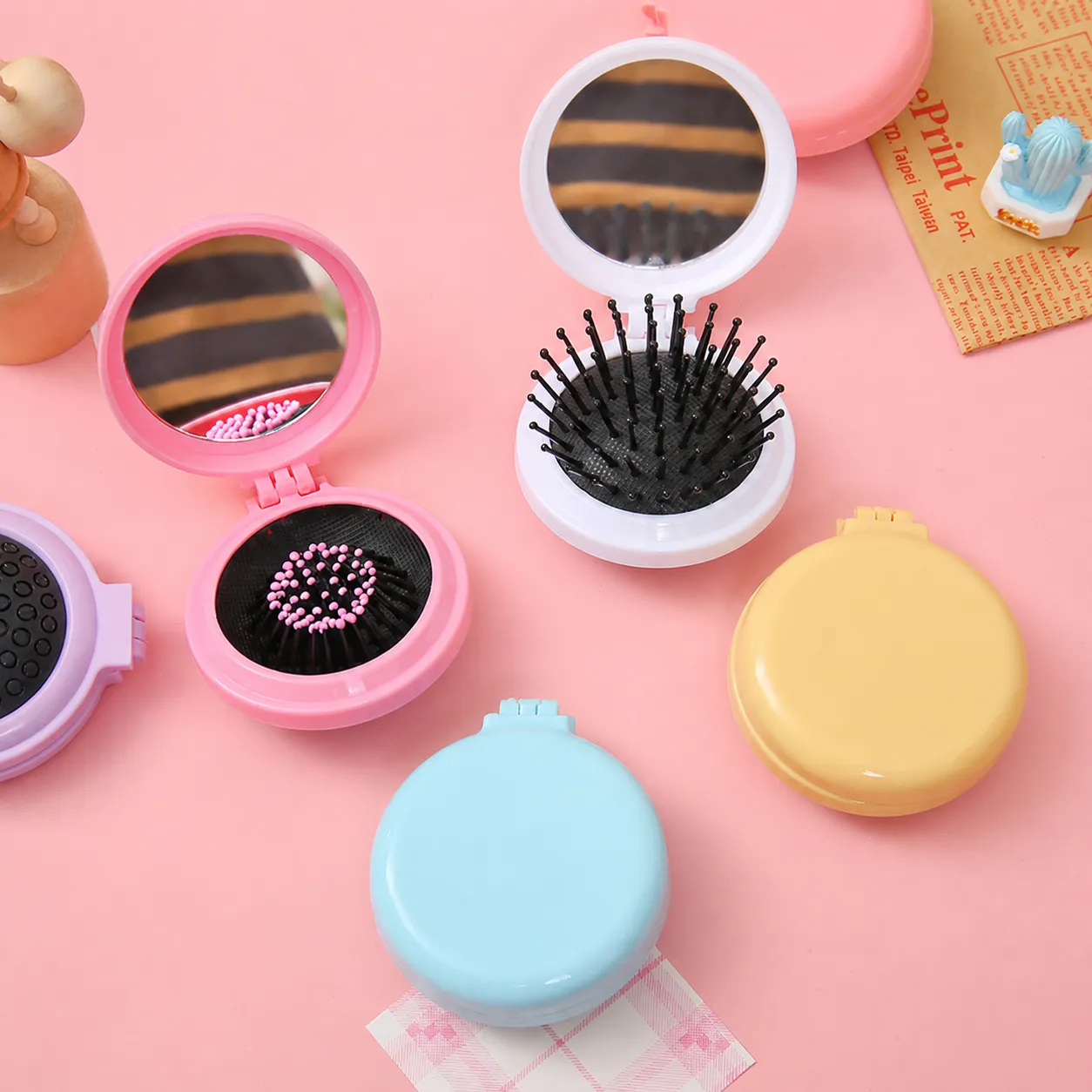 Mini Spazzola per Capelli Pieghevole Portatile Con Specchietto per Trucco Rotonda Compatta da Viaggio Spazzola per Capelli per Donne