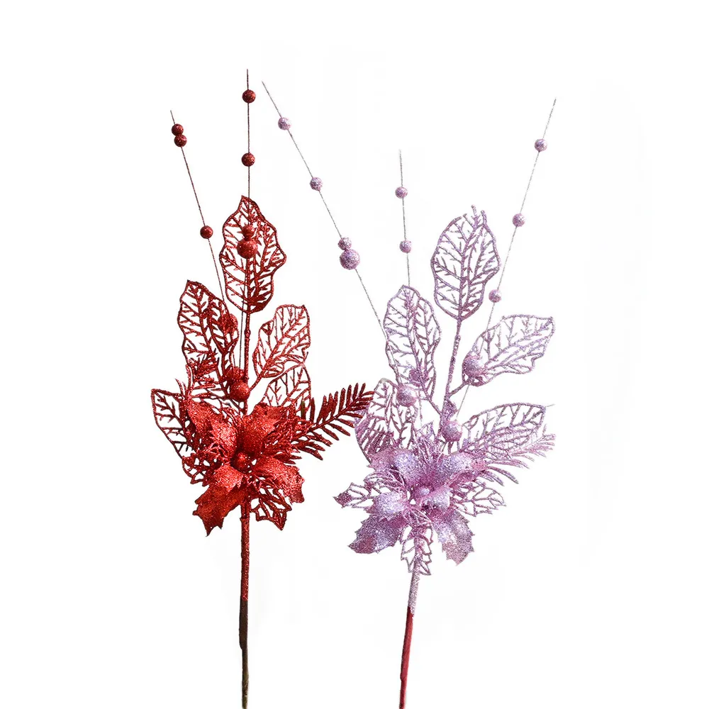 Glitter Artificial Flowers Lily Leaf Christmas Tree Picks Spray Foam Berries Branches Ornaments For Holiday Party Christmas Tree Decorations