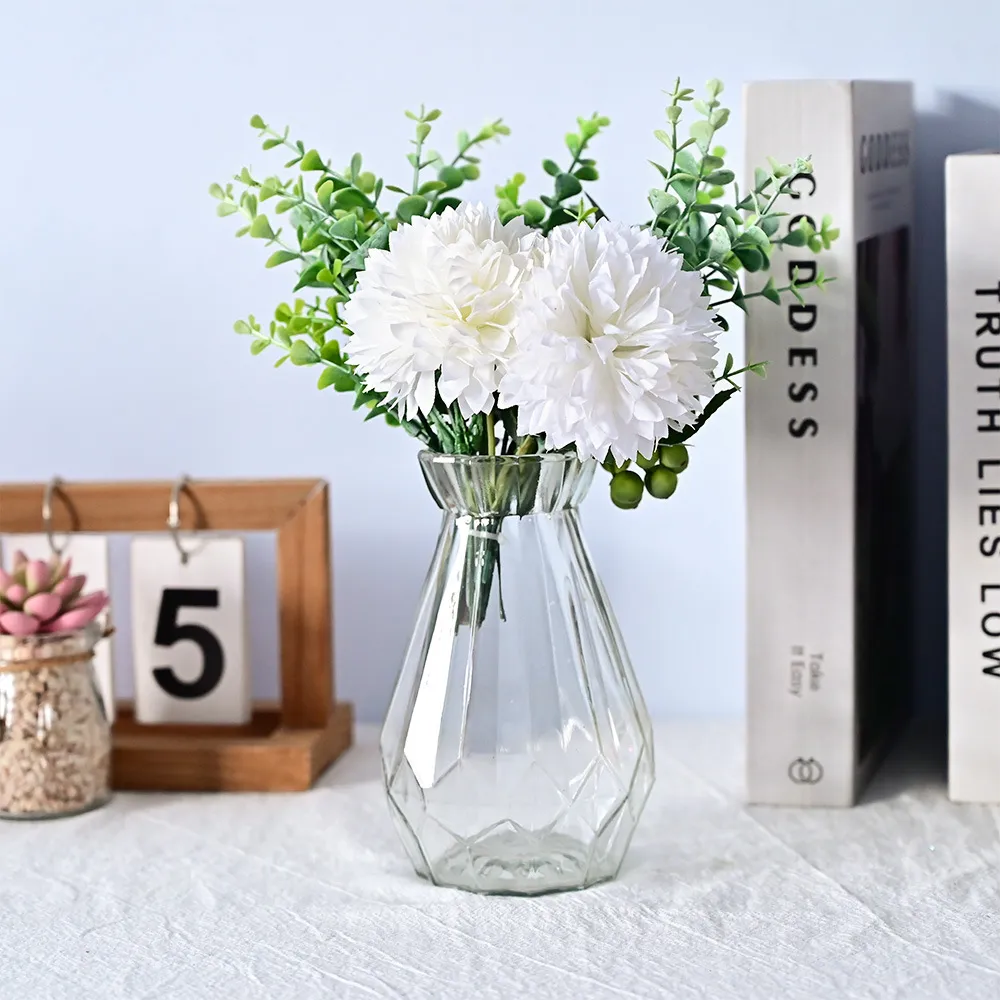 Bouquet di Crisantemo a Palla Artificiale Bianco Eucalipto Con Vaso in Vetro Ceramica Decorazione Casa Nordica