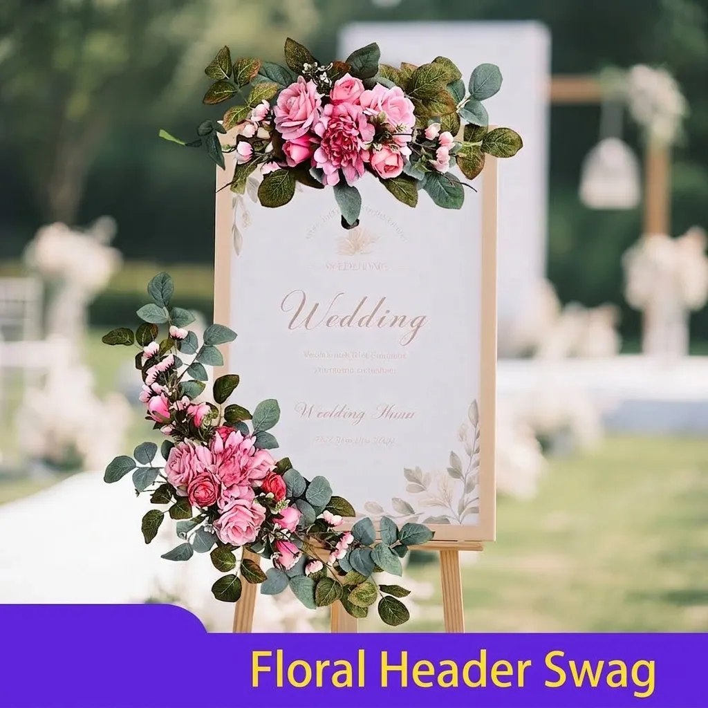 Set di File di Fiori Artificiali per Arco Nuziale Segnale di Benvenuto Decorazione Lintel Rosa Peonia Eucalipto Composizione Floreale in Seta per Festa All'aperto