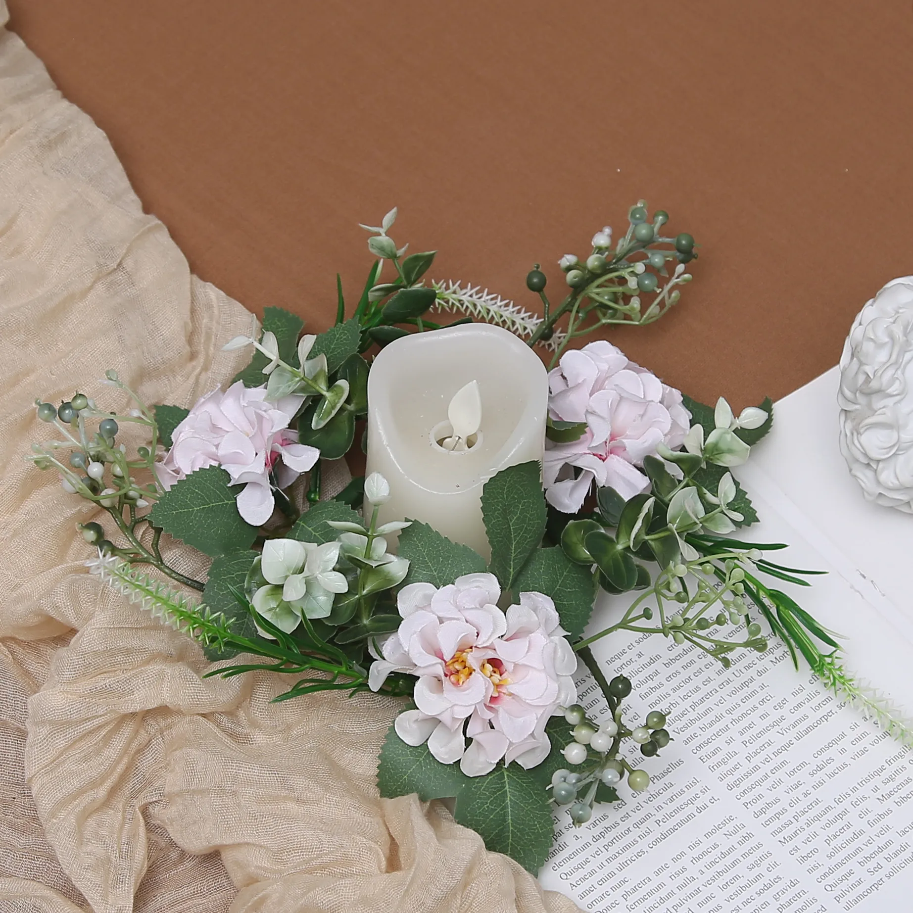 Kunstmatige Hortensia Bloem Krans Kandelaar Ring Zijde Plastic Florale Krans Voor Bruiloft Feest Tafel Centerpiece Woondecoratie