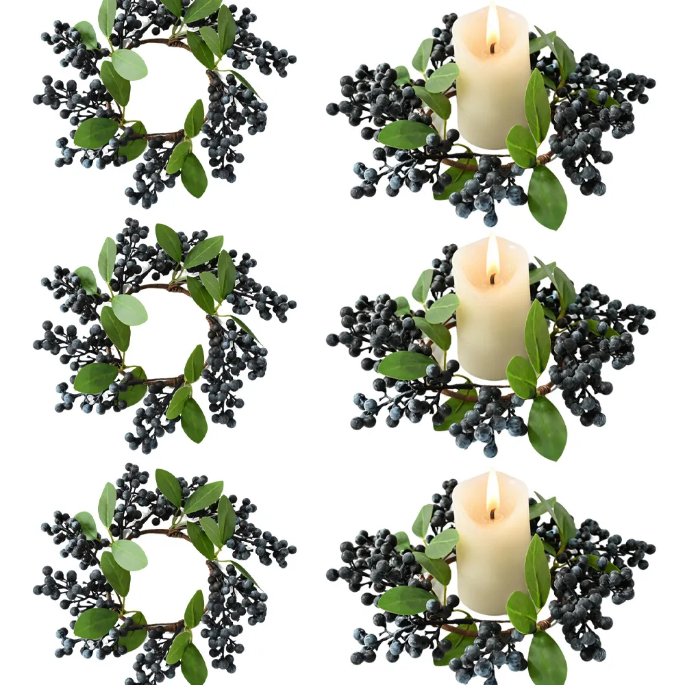 Nordic Nordic Artificial Black Berry Leaf Wreath Candle Holder Green Leaves Blue Berry Rings For Christmas Wedding Home Decor