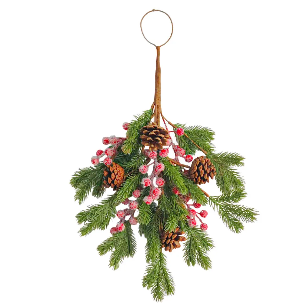 American Christmas Pine Cone Teardrop Swag Frosted Red Berries Artificial Pine Needles Wall Door Hanging Restaurant Decor Prop