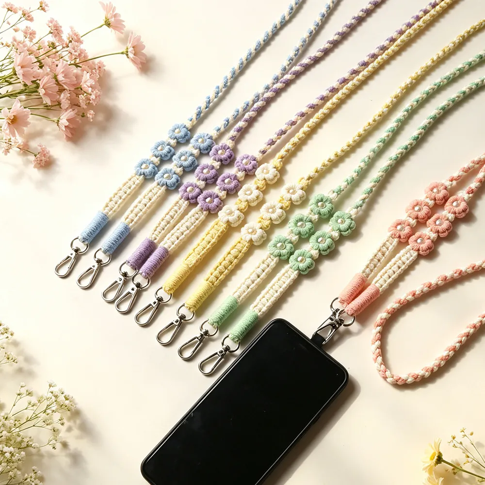 Lanière de Téléphone Marguerite Crochetée Fait Main Cordon Coton Macramé Longue Sangle Bandoulière Pendentif pour Femmes Sacs