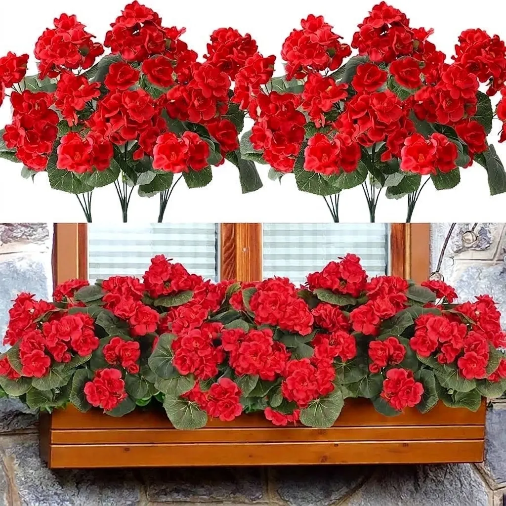 Artificial Geranium Begonia Silk Flowers Faux Greenery Bushes Shrubs Flowers Bouquet UV Resistant For Home Outdoor Garden Office Decor