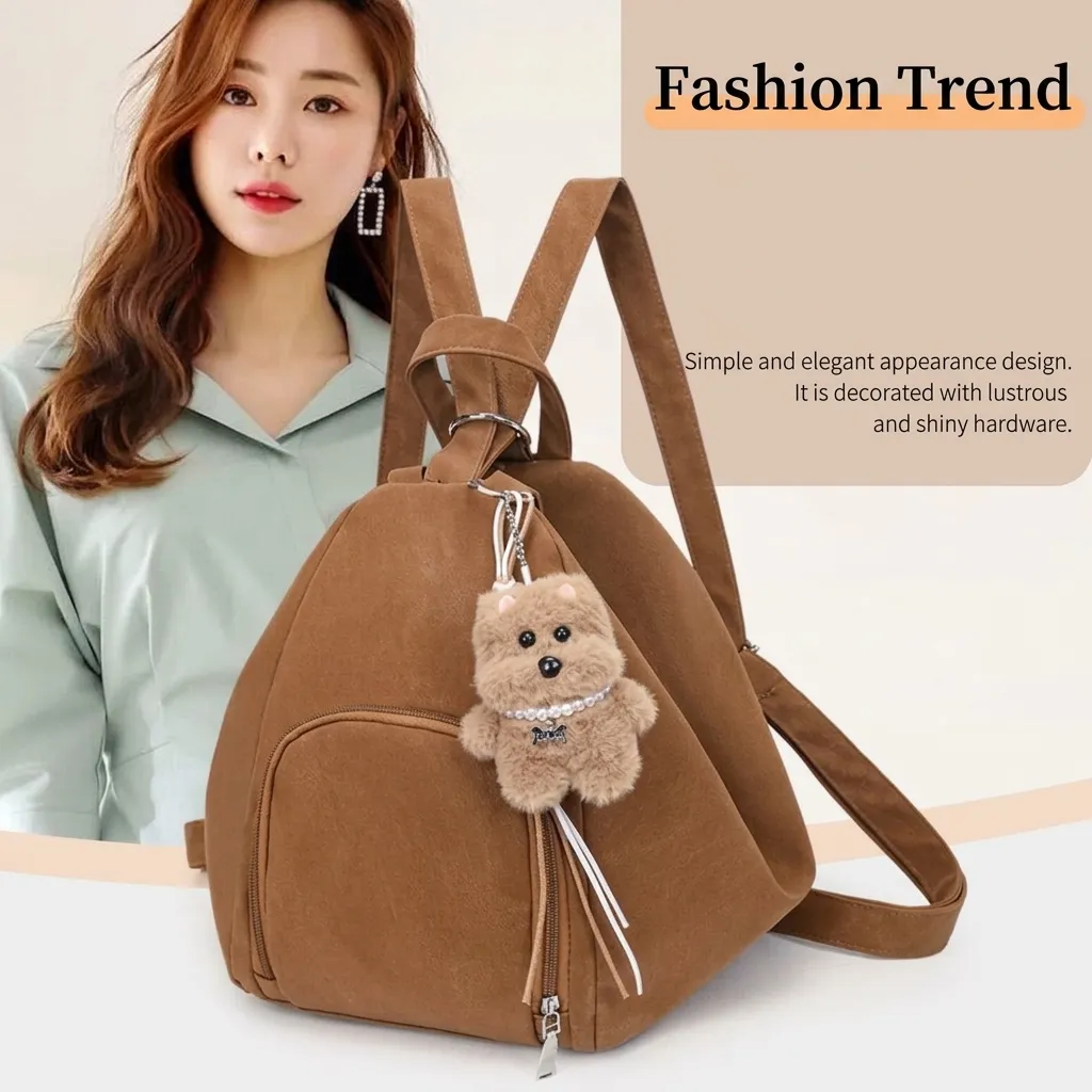 Women Large Capacity PU Leather Backpack Anti-theft Fashion Casual Solid Color Triangle Rucksack With Plush Bear Charm