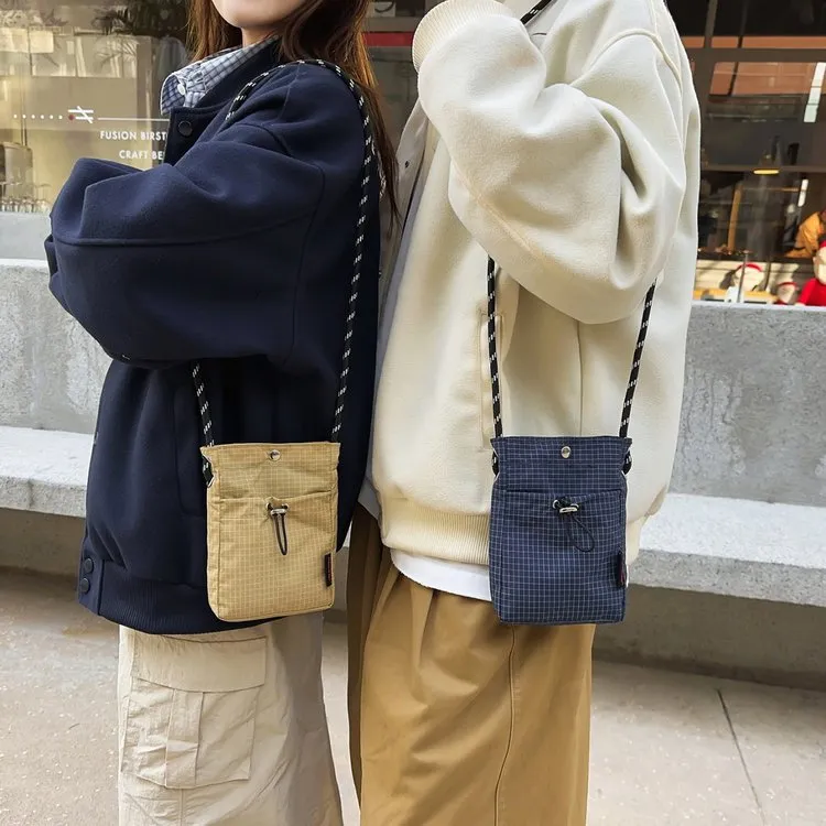 Borsa per Cellulare in Nylon a Griglia Stile Giapponese Piccola Borsa a Tracolla Quadrata per Donna Uomo All'aperto Leggera Pieghevole Portamonete Con Cinturino in Corda Intrecciata