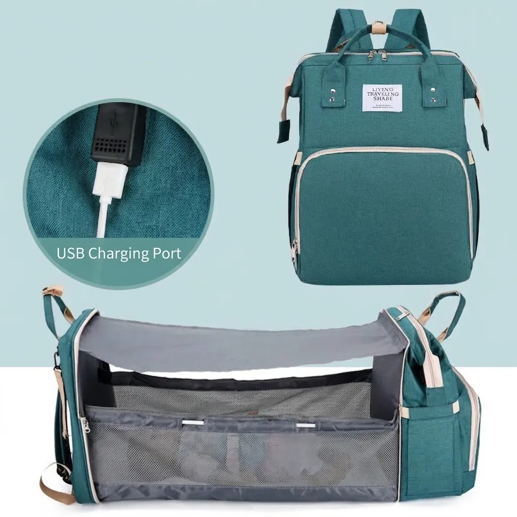 Multifunktionale Wickeltasche Rucksack Mit Großer Kapazität Tragbare Faltbare Babybett USB Ladeanschluss Kinderwagen Gurte Nylon Wasserdicht Mummy Bag