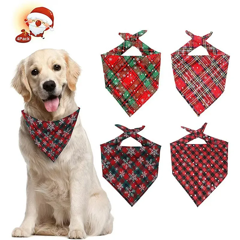 Foulard Triangle de Noël en Plaid pour Animaux de Compagnie Écharpe en Polyester Jacquard Bavoir pour Chiens Chats Fête Motif Flocon de Neige Accessoires Cou