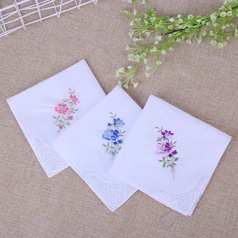 Mouchoir pour Femmes en Pur Coton Vintage Broderie Florale Bord en Dentelle Blanc Carré de Poche Serviette en Coton Quotidienne Cadeau
