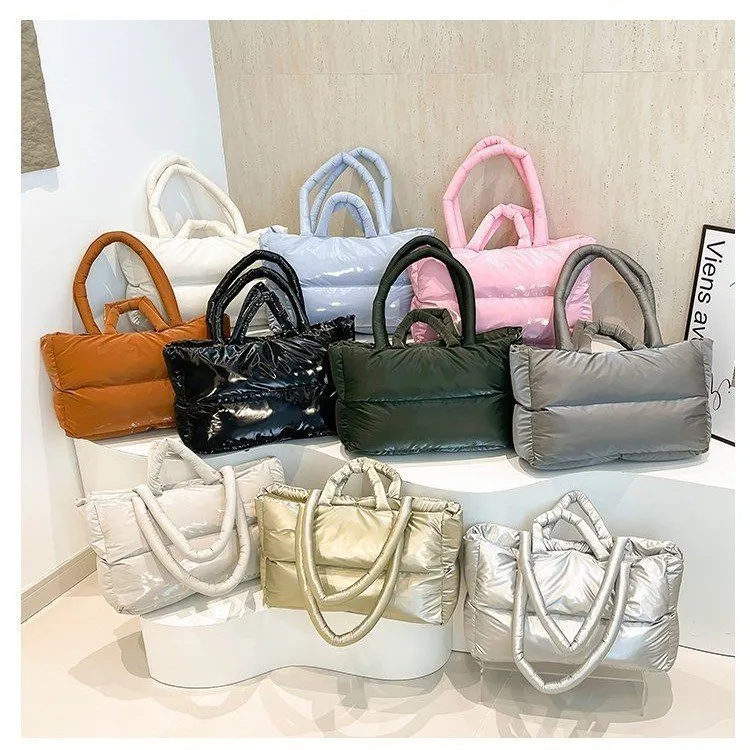 Women Quilted Puffer Tote Bag Minimalist Velvet Handbag Large Capacity Space Cotton Texture Shoulder Bag Fashion Winter Bag