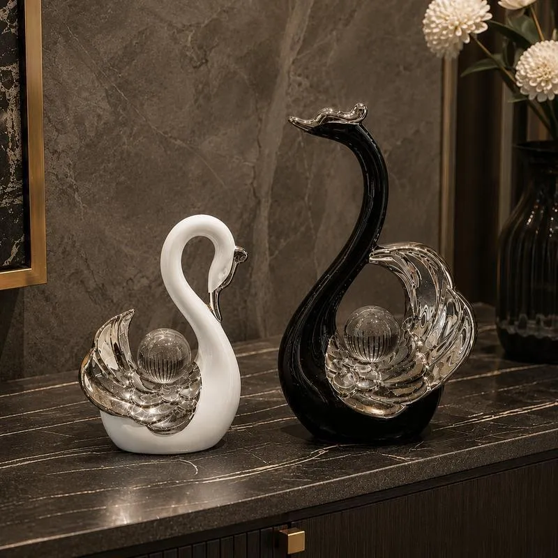 Moderno Ceramica Cigno Coppia Statuetta Con Palla Di Cristallo Lusso Da Tavolo Ornamenti Per Soggiorno Mobile TV Home Decor