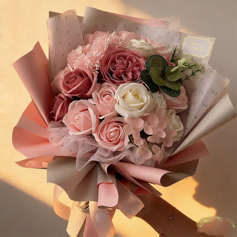 Artificial Soap Flower Bouquet Pink Rose Carnation Floral Arrangement For Mother Day Teacher Day Wedding Valentine Gift With Box