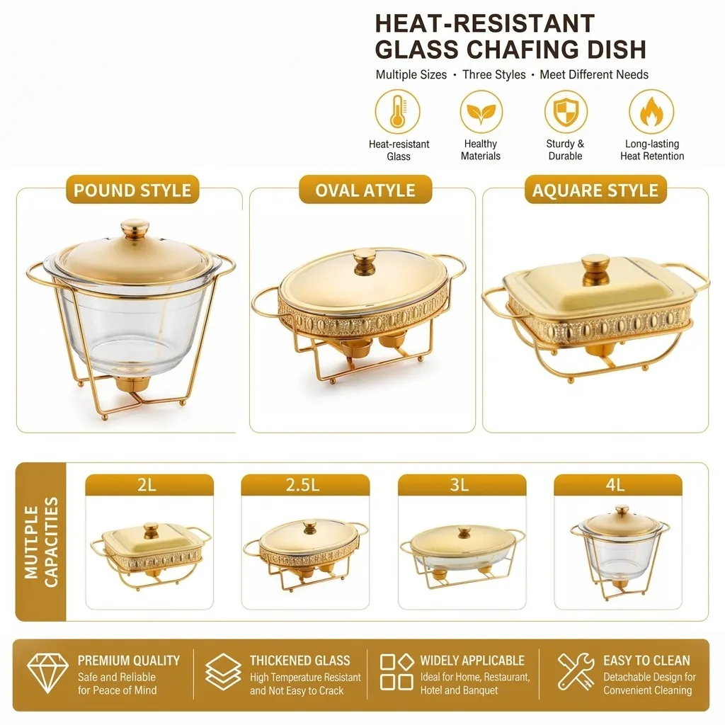 Luxury European Style Glass Chafing Dish With Gold Silver Stainless Steel Stand Heat Resistant Food Warmer Buffet Server For Banquet Party Wedding