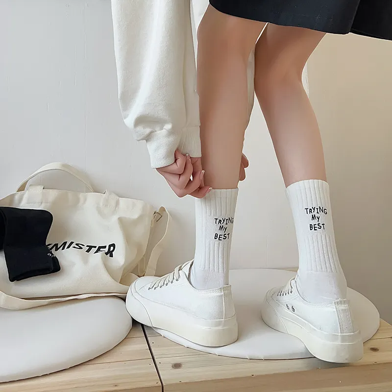Women Minimalist Cotton Embroidered Letter Mid-Calf Casual Sport Socks Cozy Breathable Sweat-Absorbent Athletic Skateboard Socks