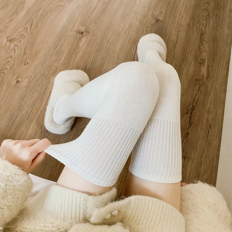 Calcetines Altos de Invierno Cálidos para Mujer de Vellón Cepillado Mezcla de Algodón Calcetines Largos de Color Sólido Antideslizantes de Canalé