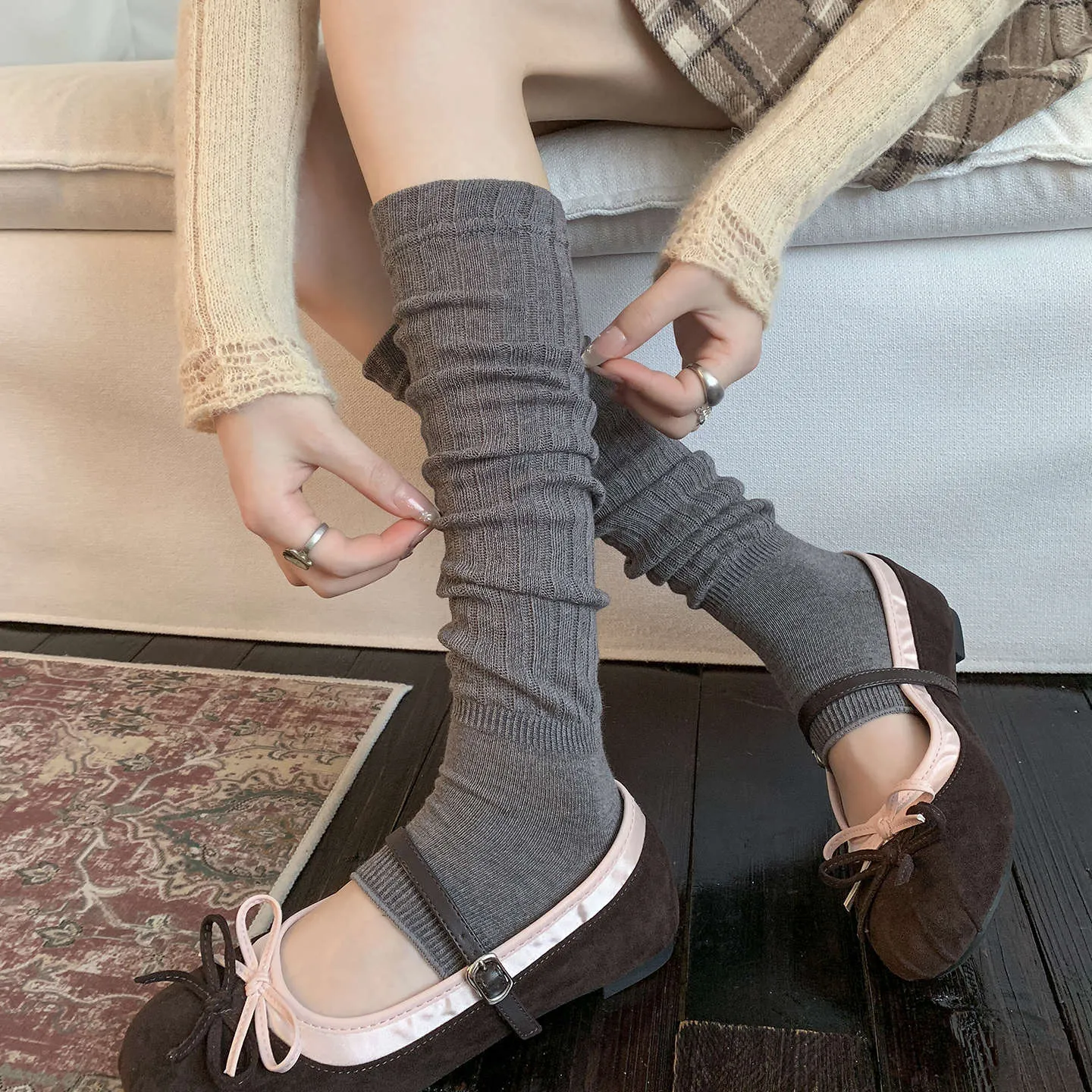 Women's Ribbed Knit Stirrup Leg Warmers Slouch Socks Autumn Winter Warm Footless Cotton Leg Warmers For Daily Wear